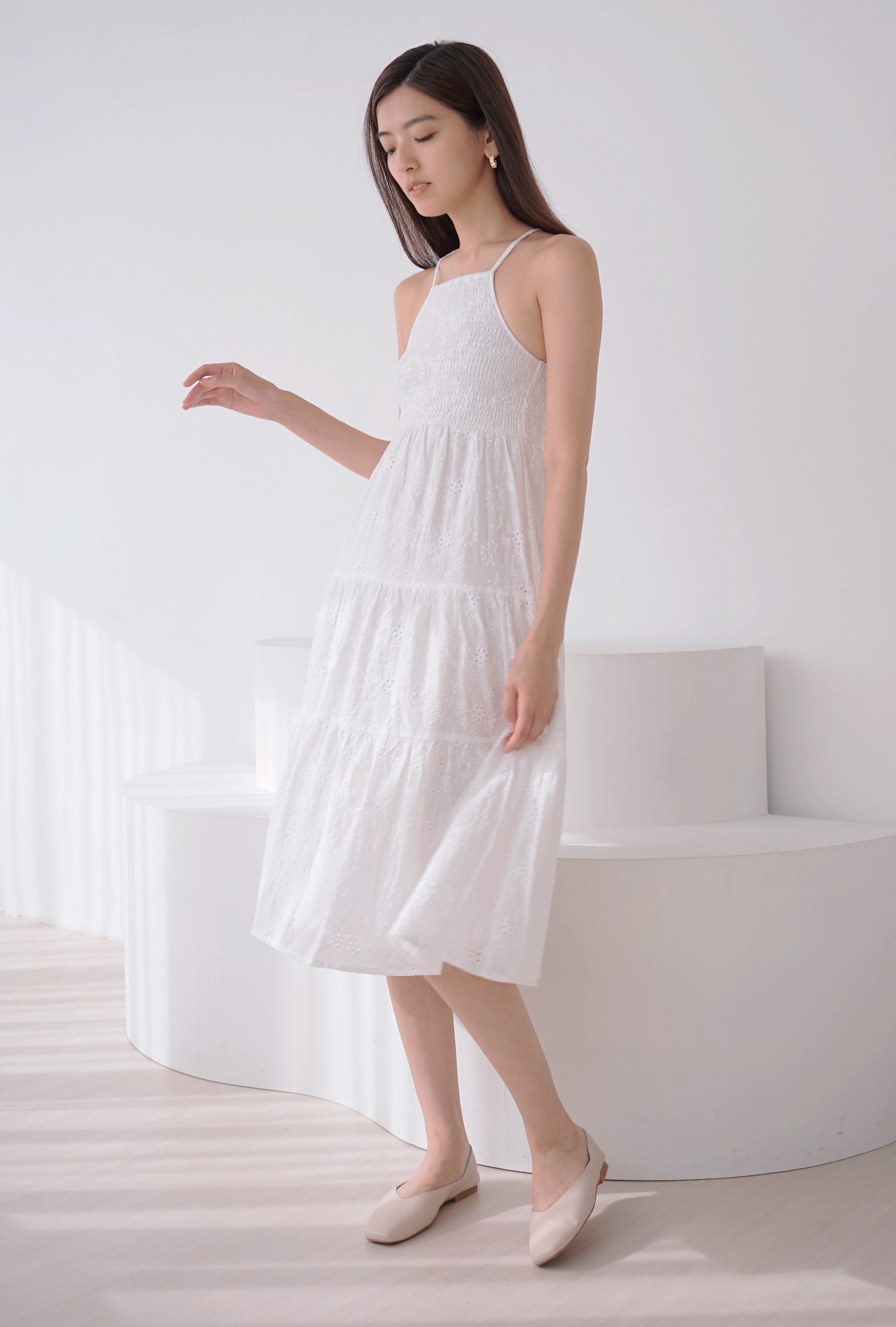 Miya Smocked Eyelet Maxi White