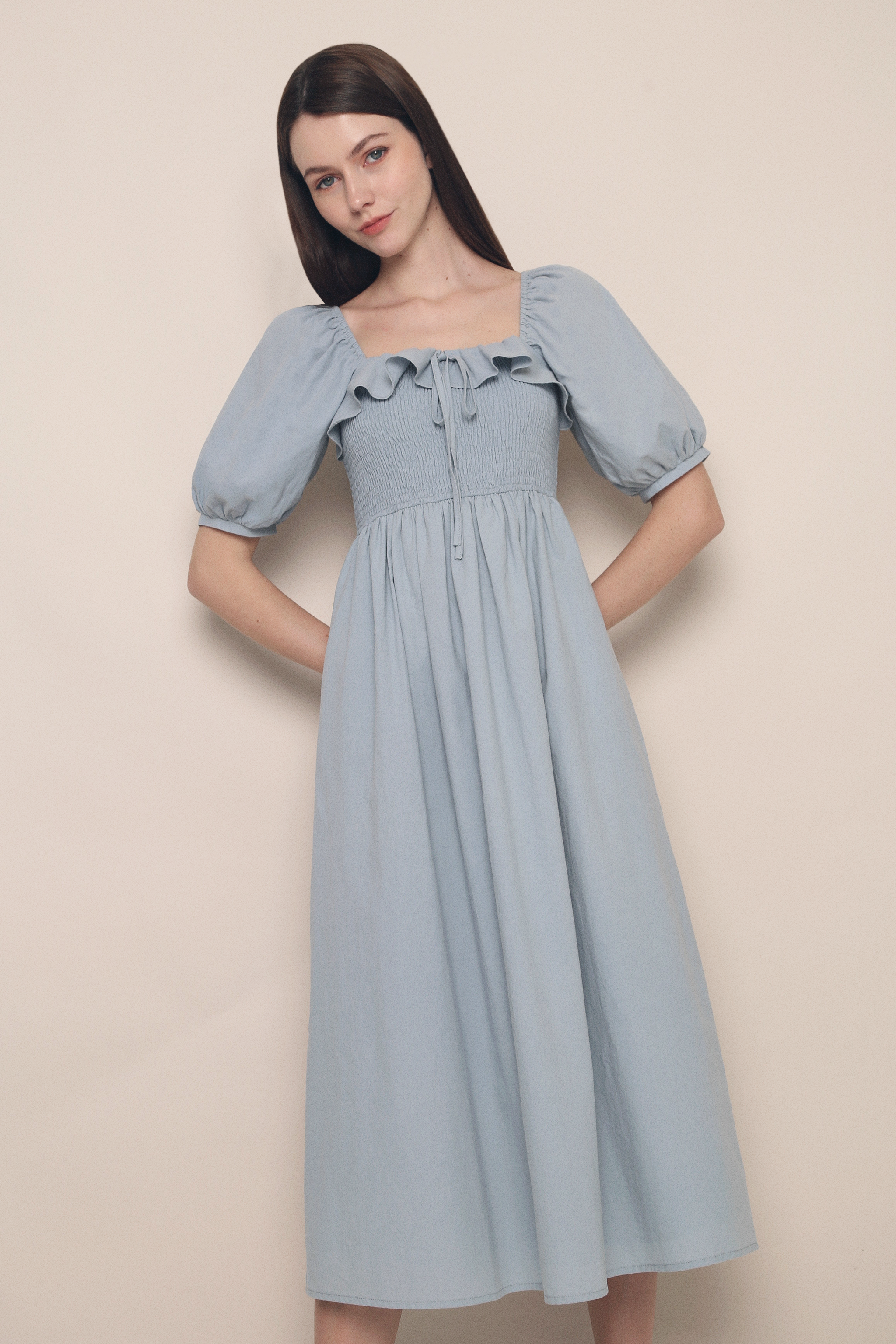 Moon Smocked Ruffle Midaxi Dress Sky Hollyhoque Moon Smocked Ruffle Midaxi Dress Sky Hollyhoque