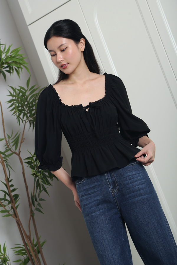 Moonlily Lace Trim Blouse Black