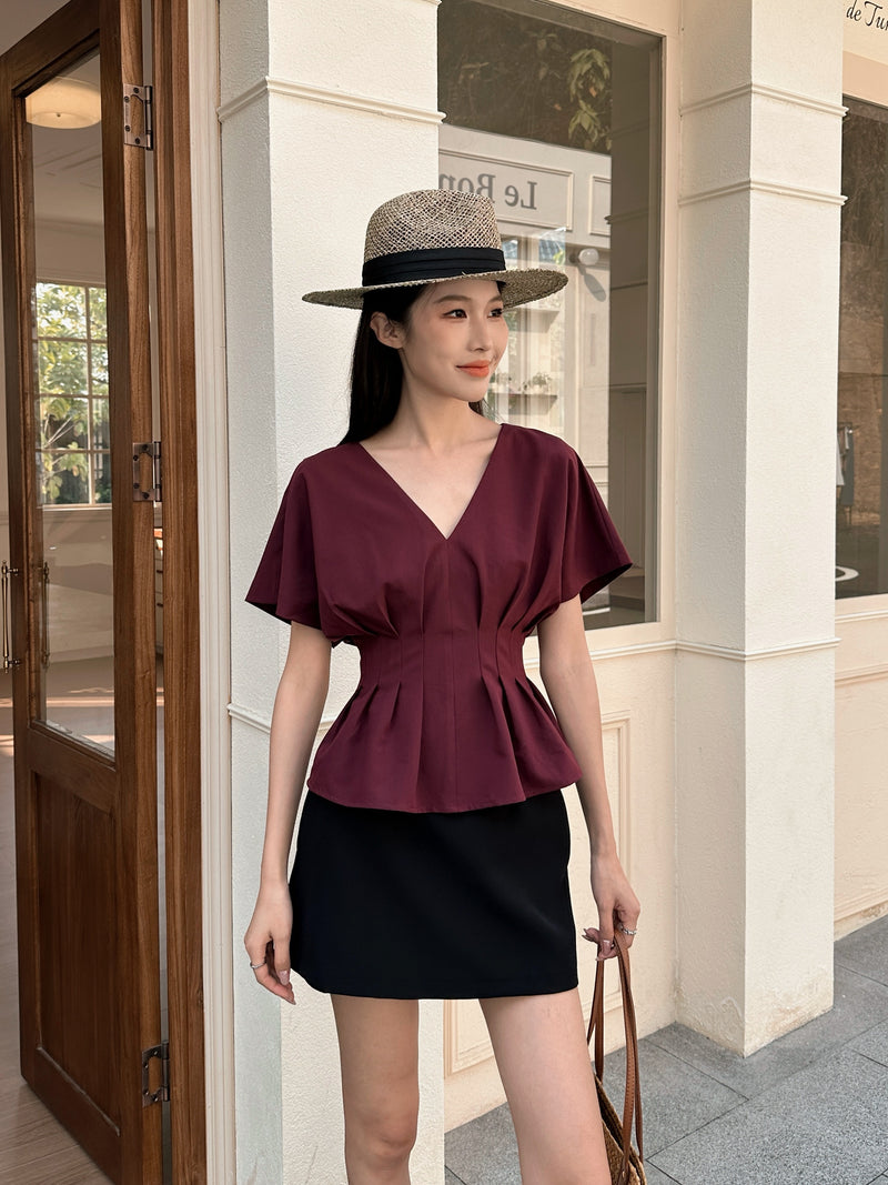 Aiko Pleat Kimono Top Burgundy