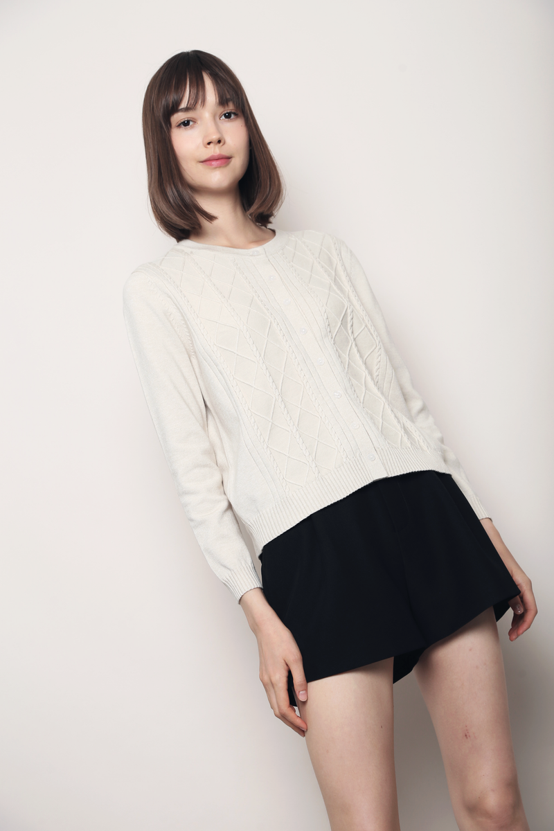 Pointelle Cable Knit Cardigan Cream