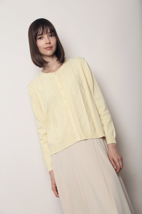 Pointelle Cable Knit Cardigan Butter Yellow