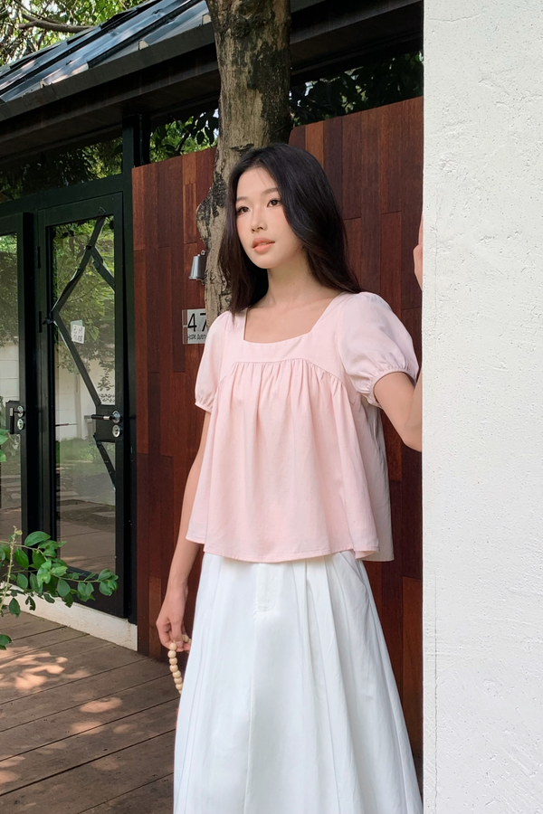 Puff Flair Linen Blouse Blush Pink