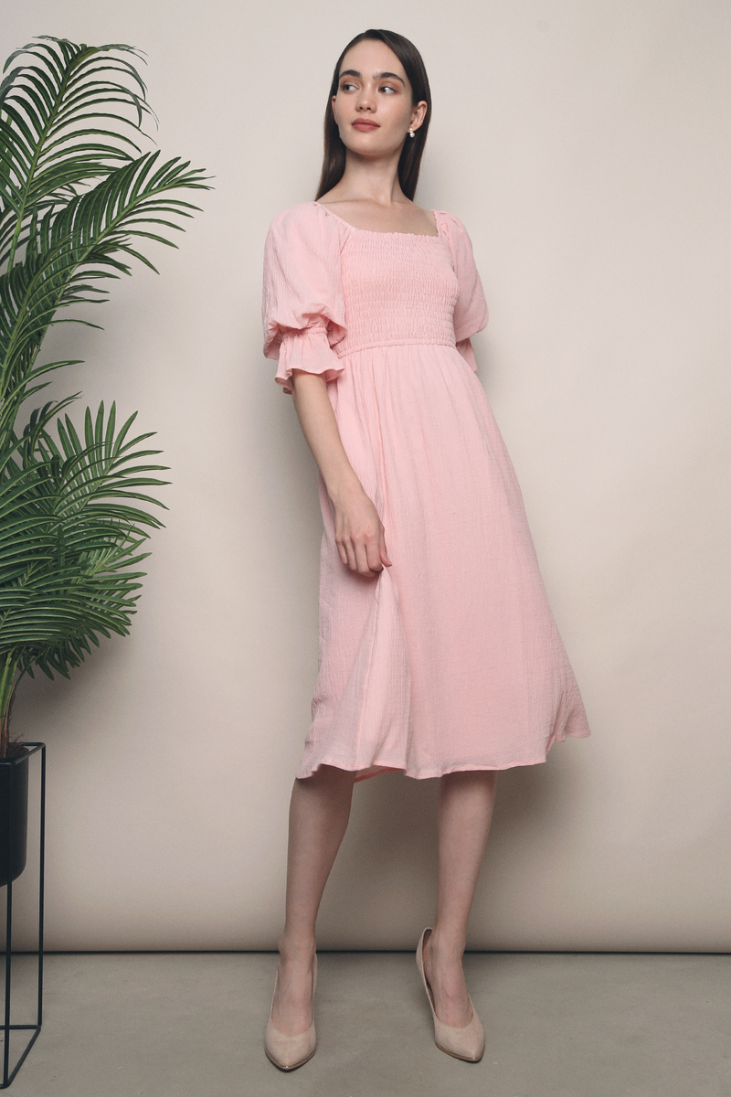 Shona Puffed Sleeves Midi Dress Pink