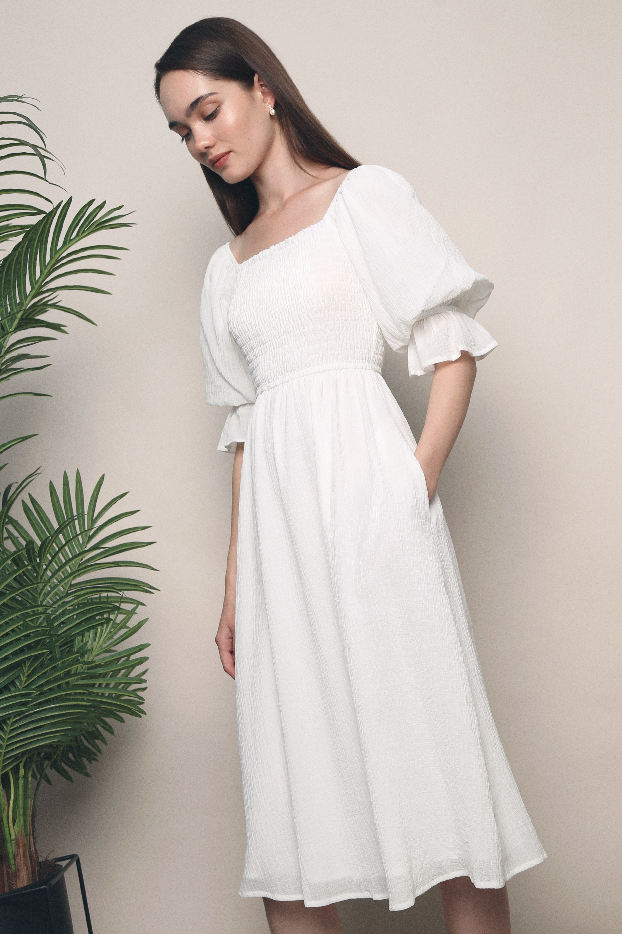 Shona Puffed Sleeves Midi Dress White