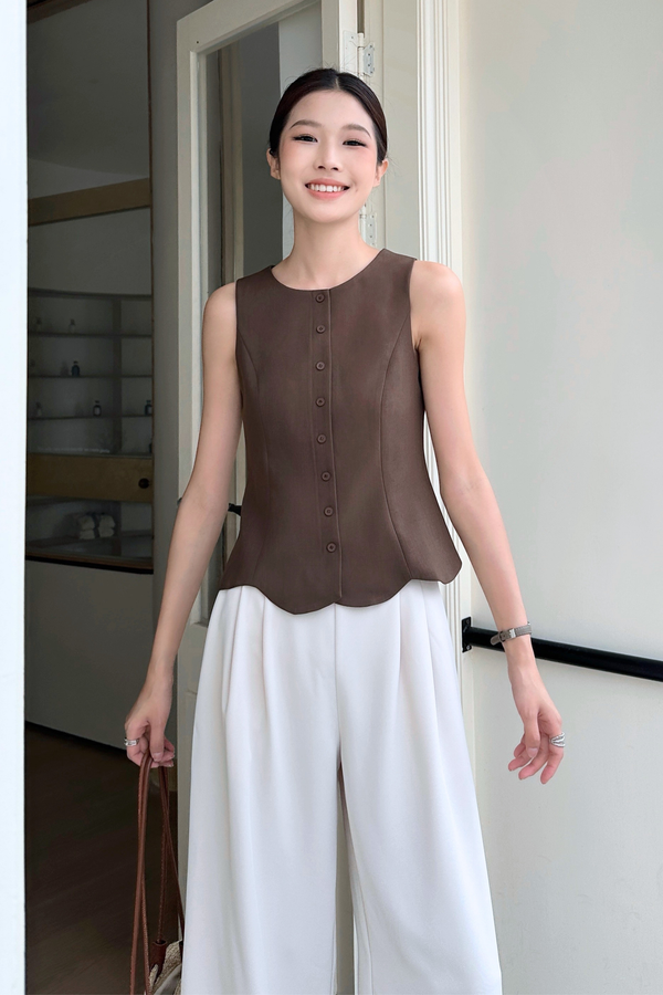 Sicily Scallop Trim Vest Top Brown