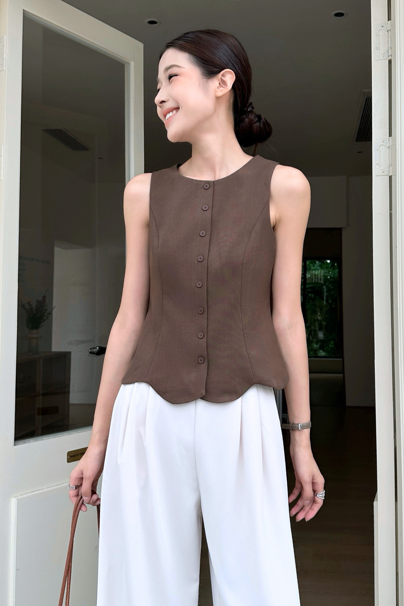 Sicily Scallop Trim Vest Top Brown
