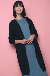 Solei Hooded Long Knit Cardigan Black