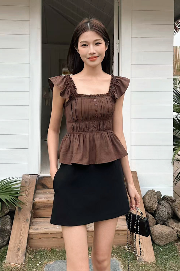 Thira Flutter Pleat Top Brown