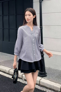 Trevor Cuffed Sleeves Stripe Shirt Grey