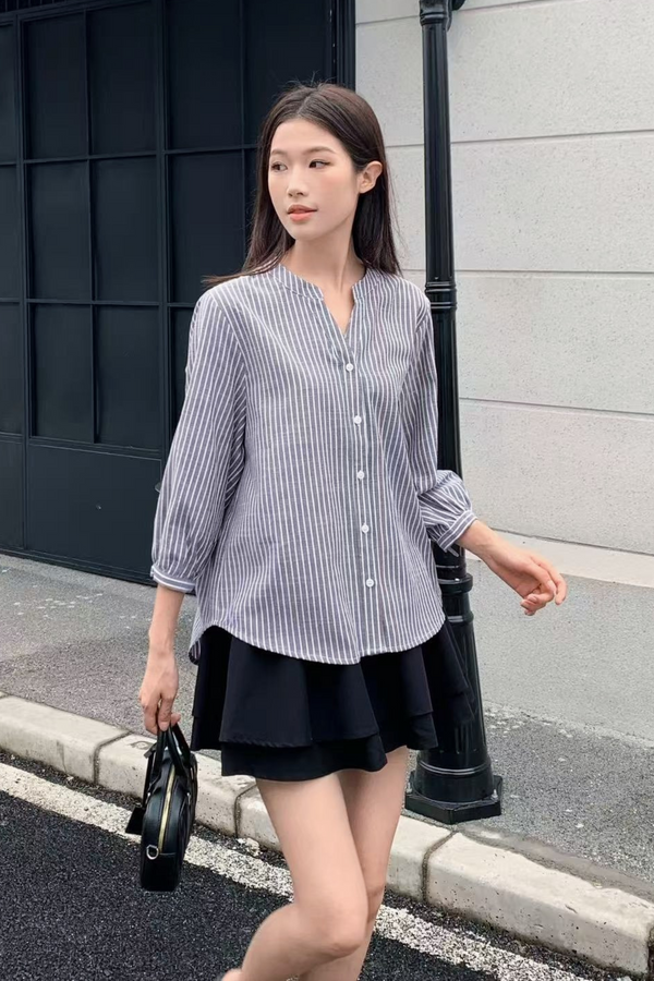 Trevor Cuffed Sleeves Stripe Shirt Grey