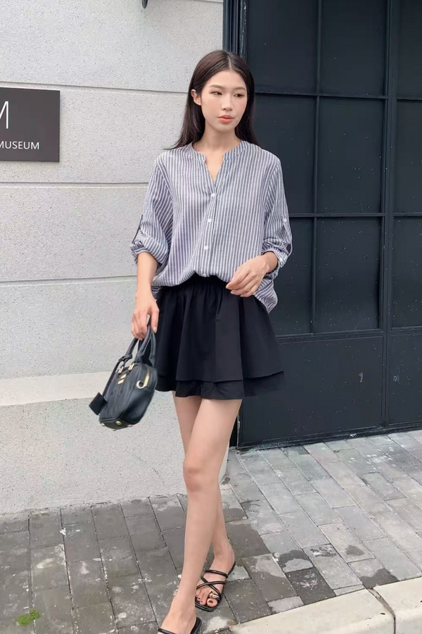 Trevor Cuffed Sleeves Stripe Shirt Grey