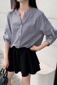 Trevor Cuffed Sleeves Stripe Shirt Grey
