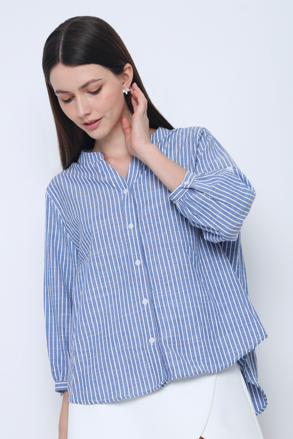 Trevor Cuffed Sleeves Stripe Shirt Blue