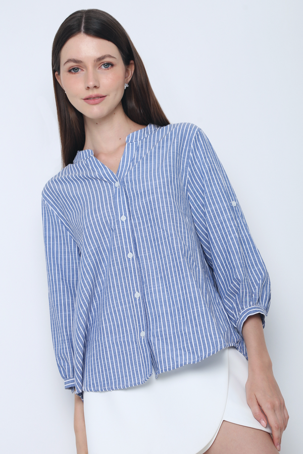 Trevor Cuffed Sleeves Stripe Shirt Blue