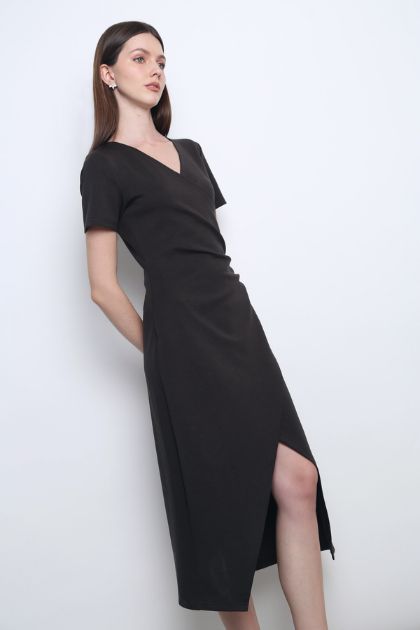 Velveteen Wrap Midi Dress Soft Black (Backorder)