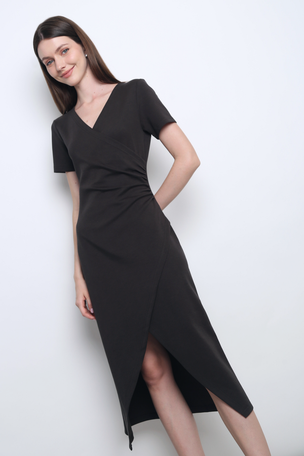 Velveteen Wrap Midi Dress Soft Black (Backorder)