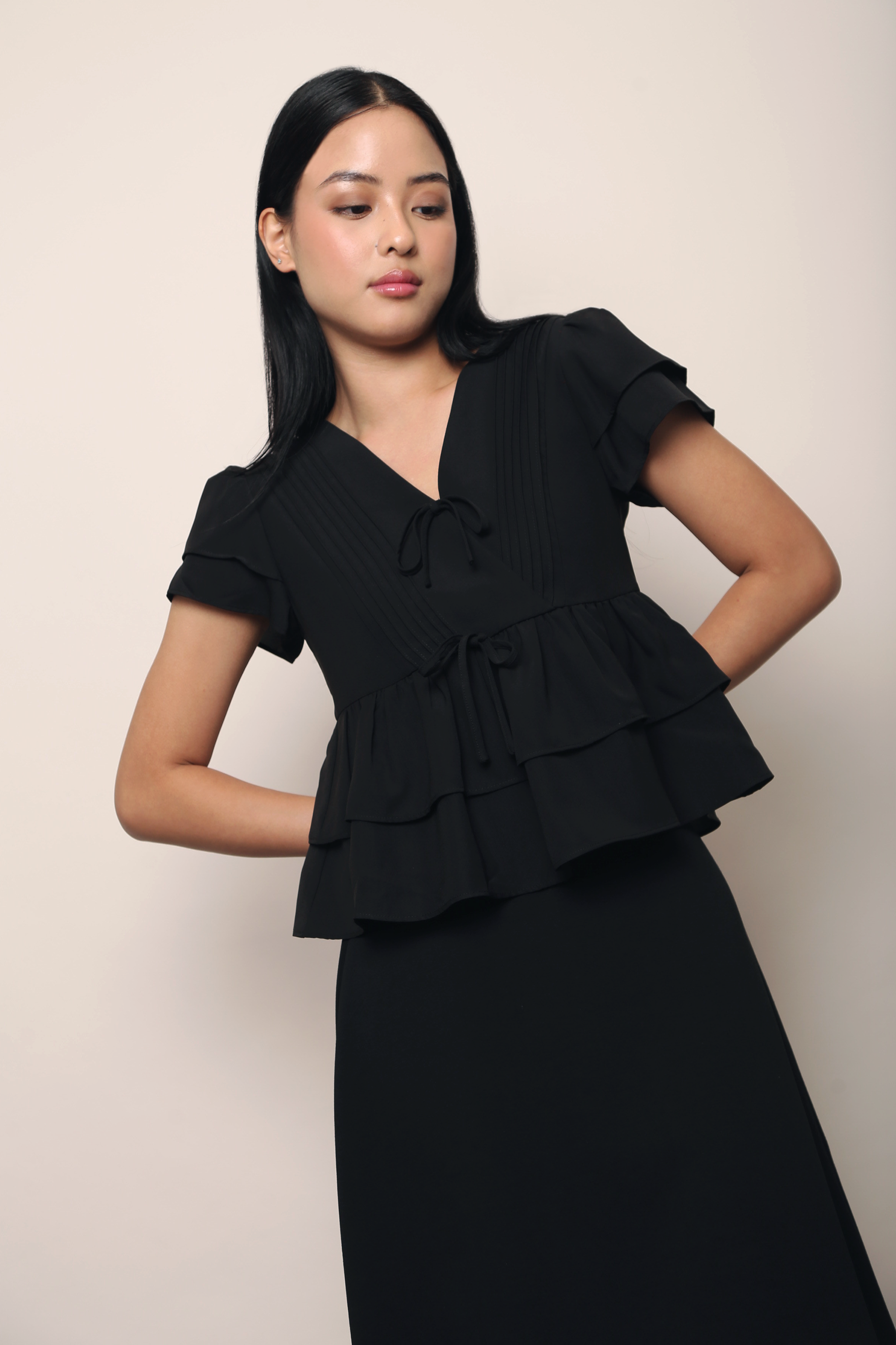 Aelia Pleat Babydoll Blouse Black