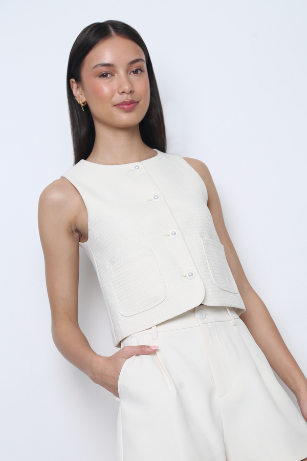 Bijou Tweed Sleeveless Vest Top Ivory (Backorder)