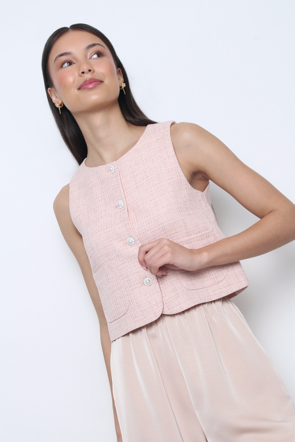 Bijou Tweed Sleeveless Vest Top Blush Pink (Backorder)
