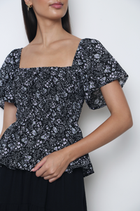 Bloomette Flutter Sleeves Smocked Top Black