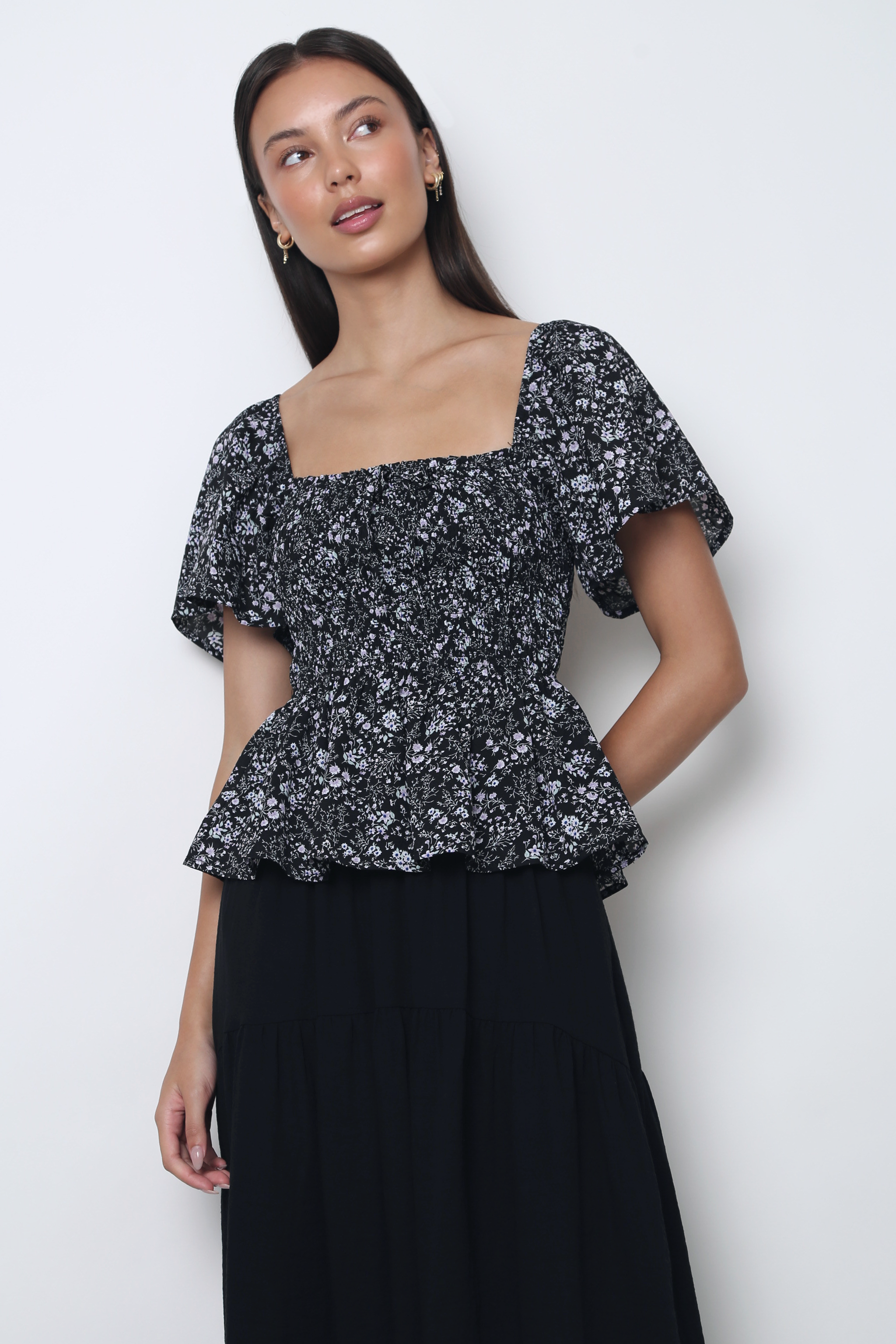 Bloomette Flutter Sleeves Smocked Top Black
