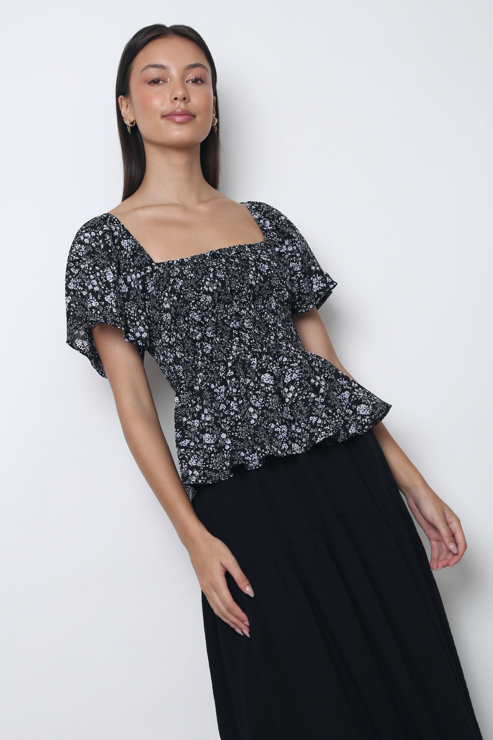 Bloomette Flutter Sleeves Smocked Top Black