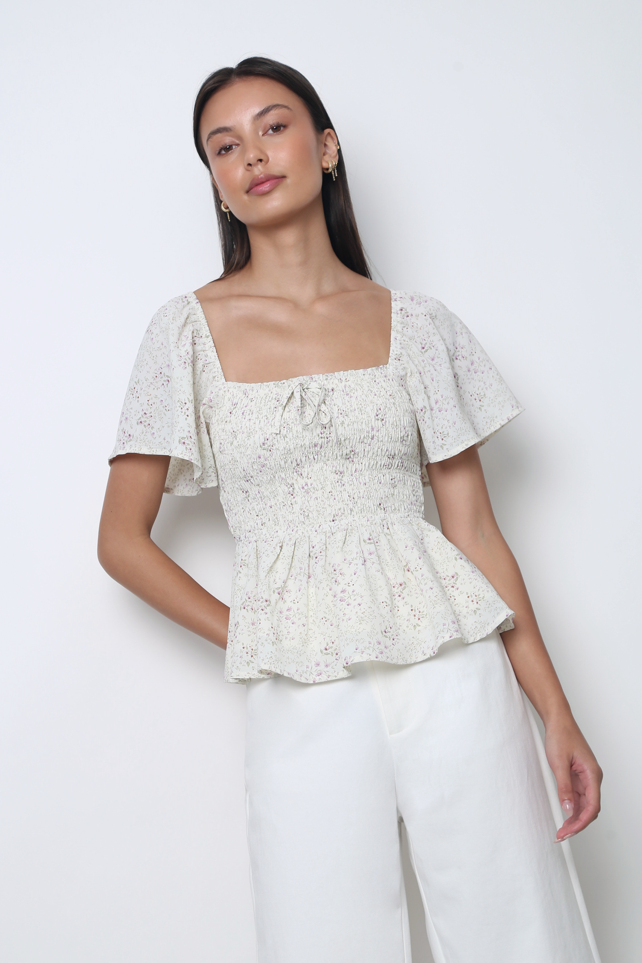 Bloomette Flutter Sleeves Smocked Top Beige