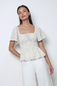 Bloomette Flutter Sleeves Smocked Top Beige