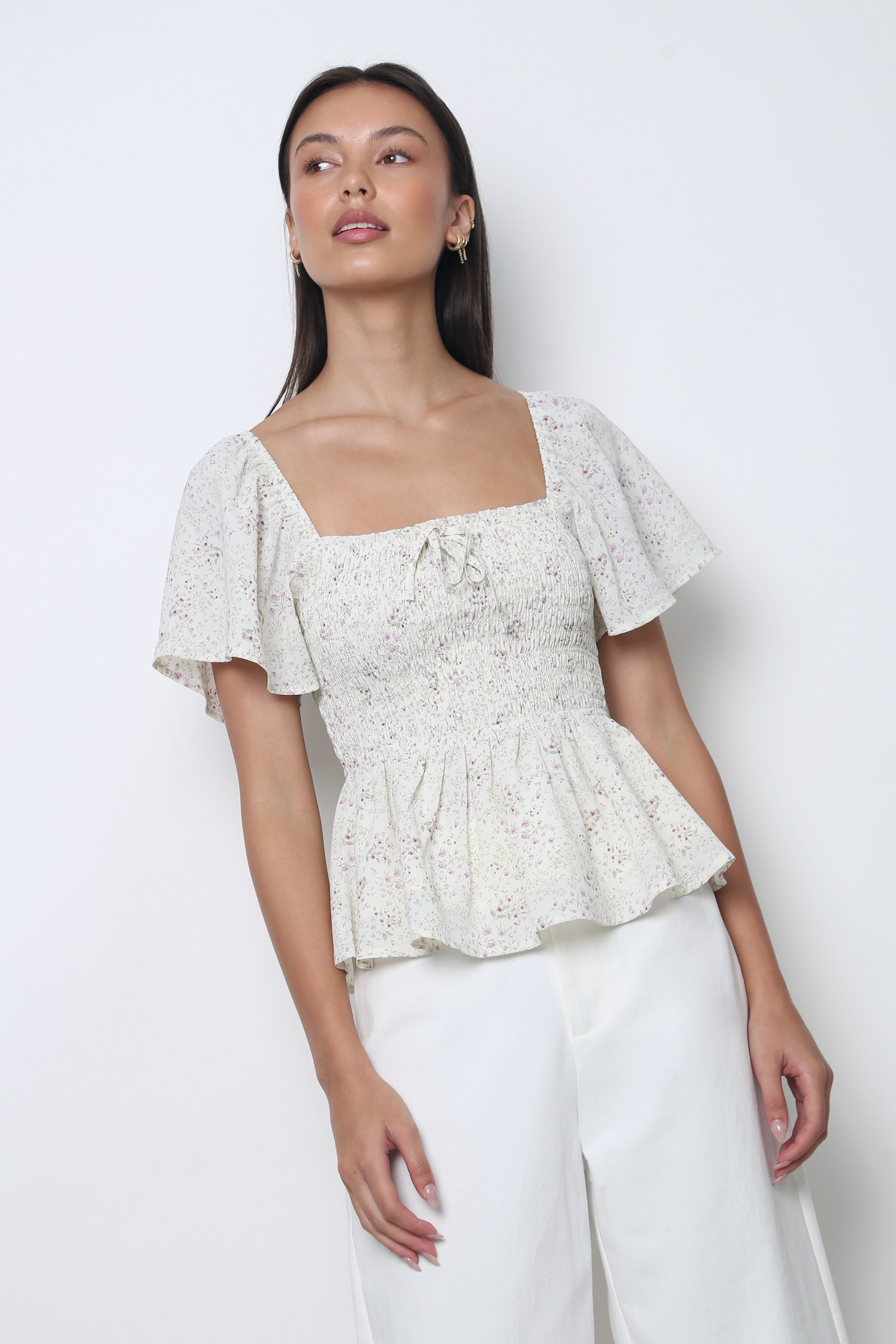 Bloomette Flutter Sleeves Smocked Top Beige