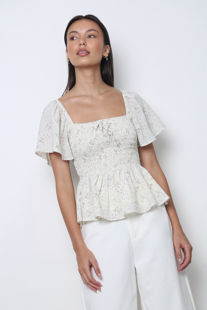 Bloomette Flutter Sleeves Smocked Top Beige