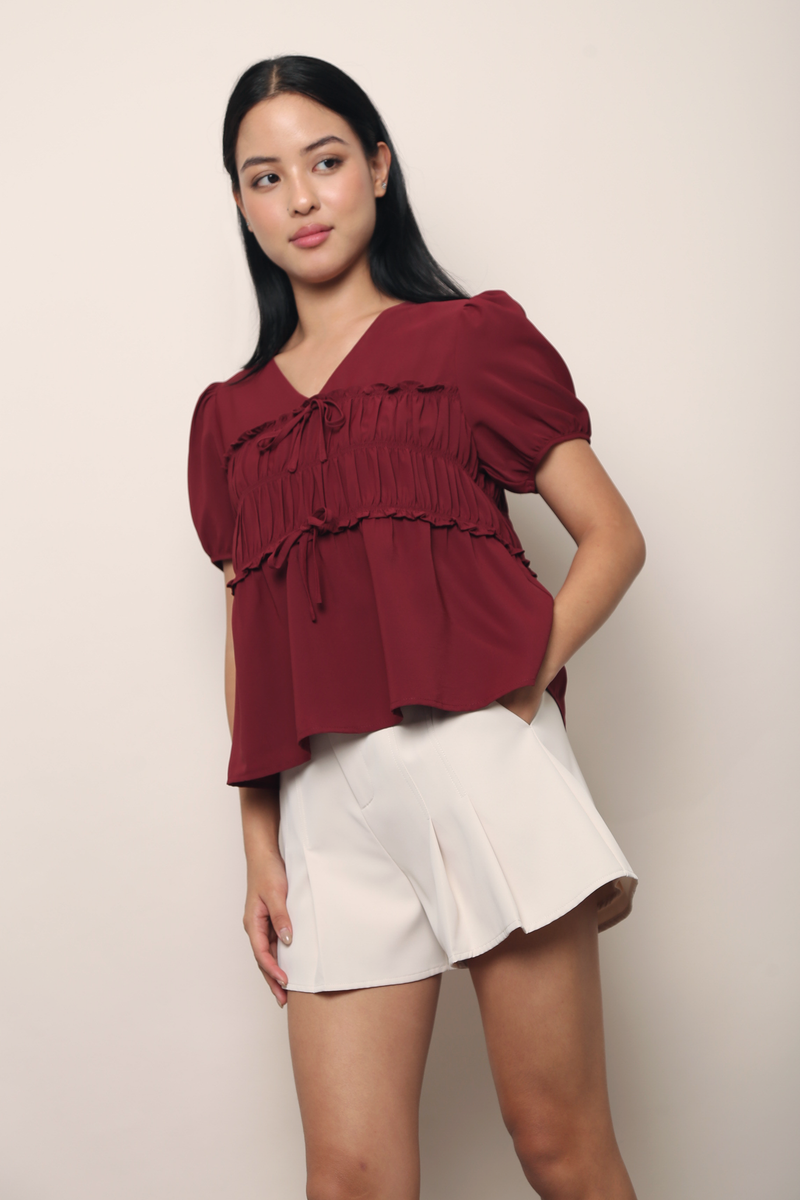 Breeze Ruche Babydoll Top Wine