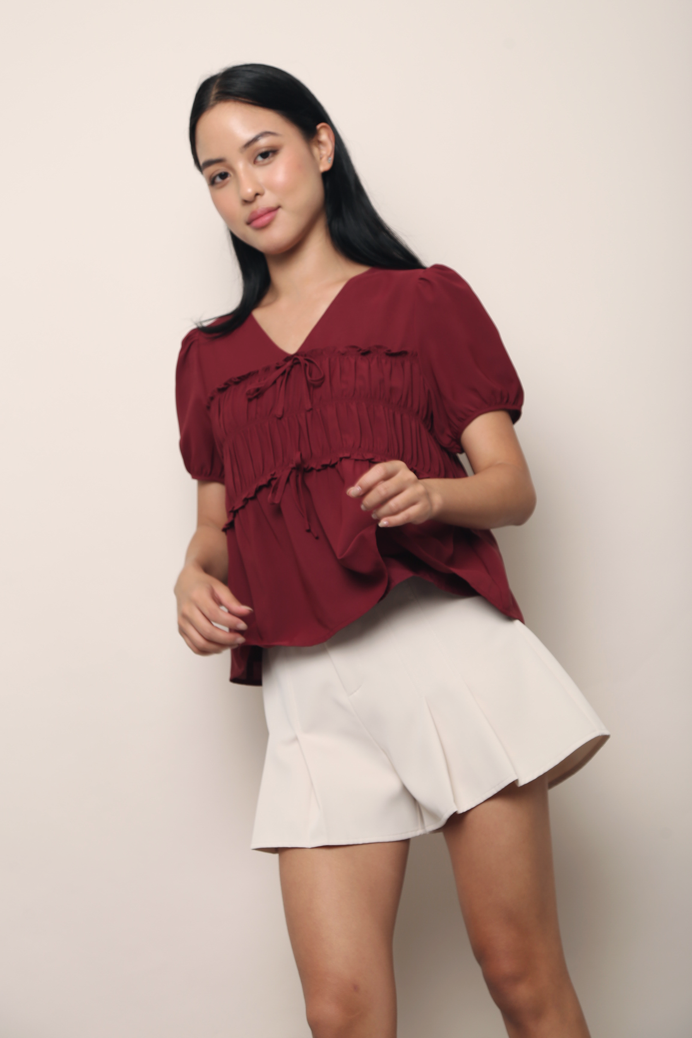 Breeze Ruche Babydoll Top Wine