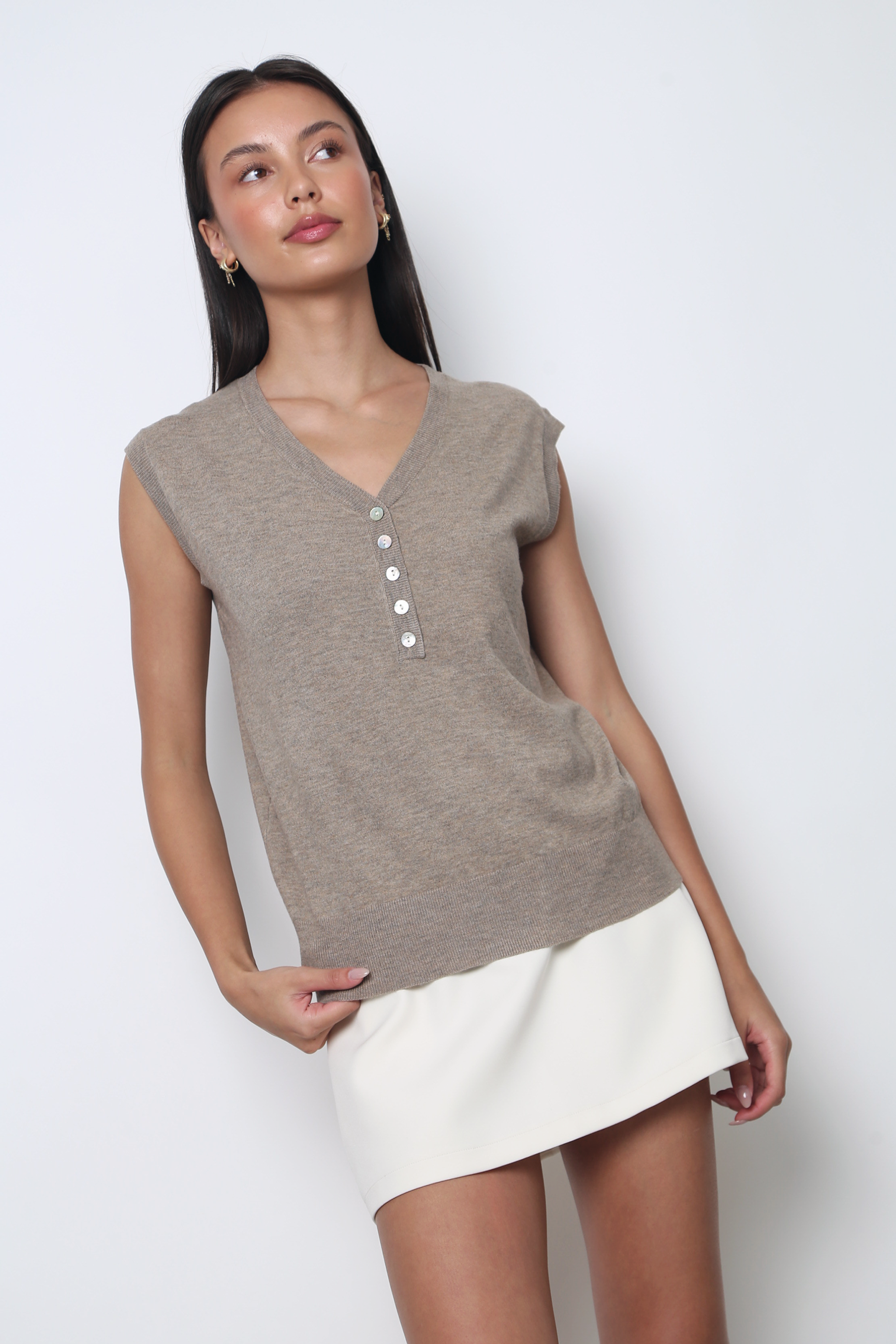 Brooks Button Down Sleeveless Vest Top Brown