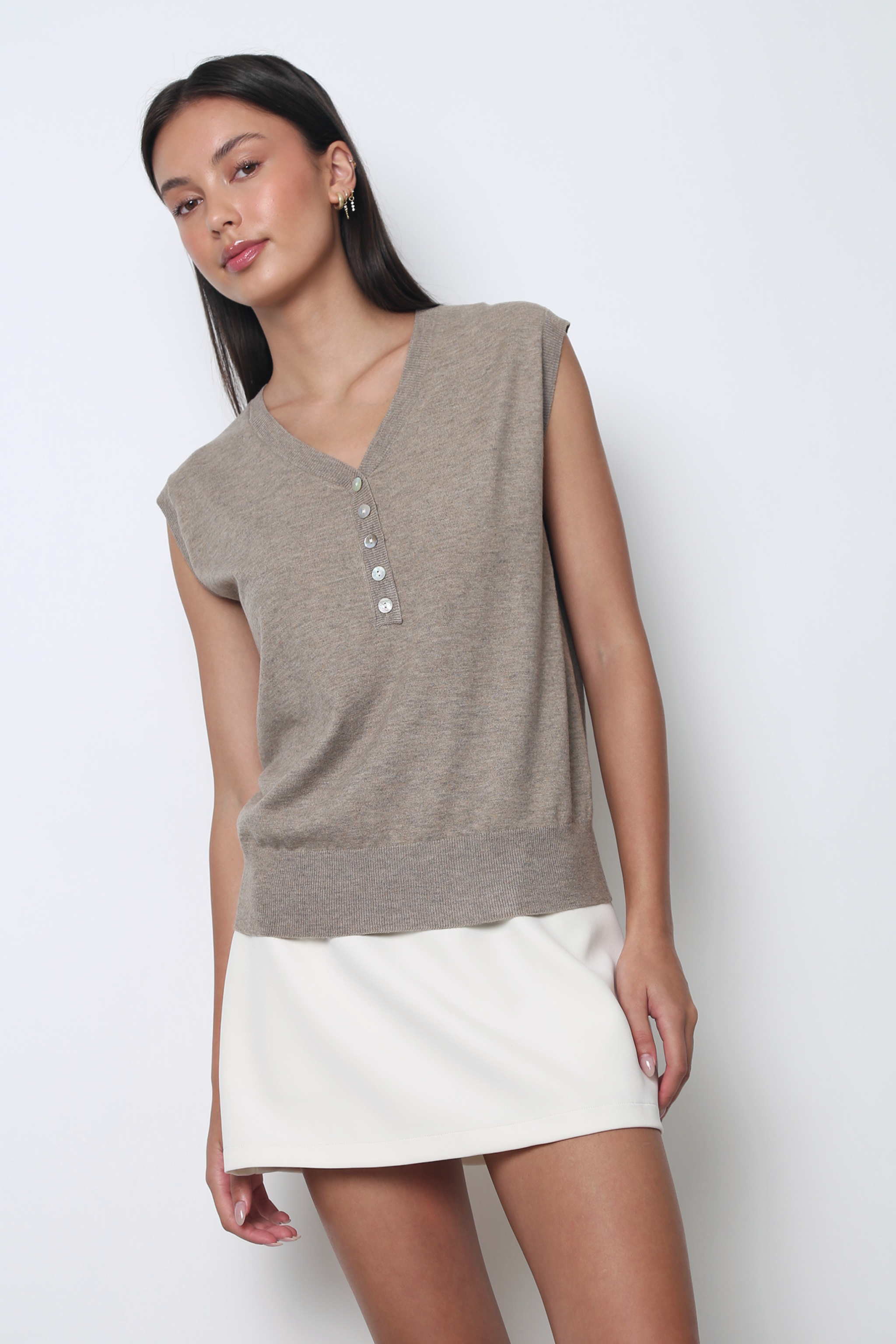 Brooks Button Down Sleeveless Vest Top Brown