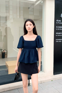 Prim Pleat Babydoll Blouse Navy