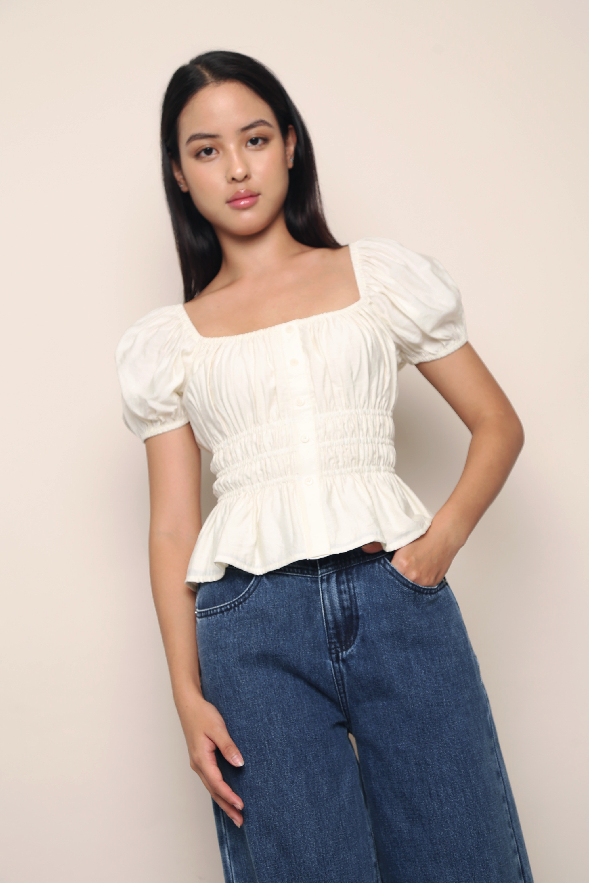 Cassis Shirred Waist Blouse Cream
