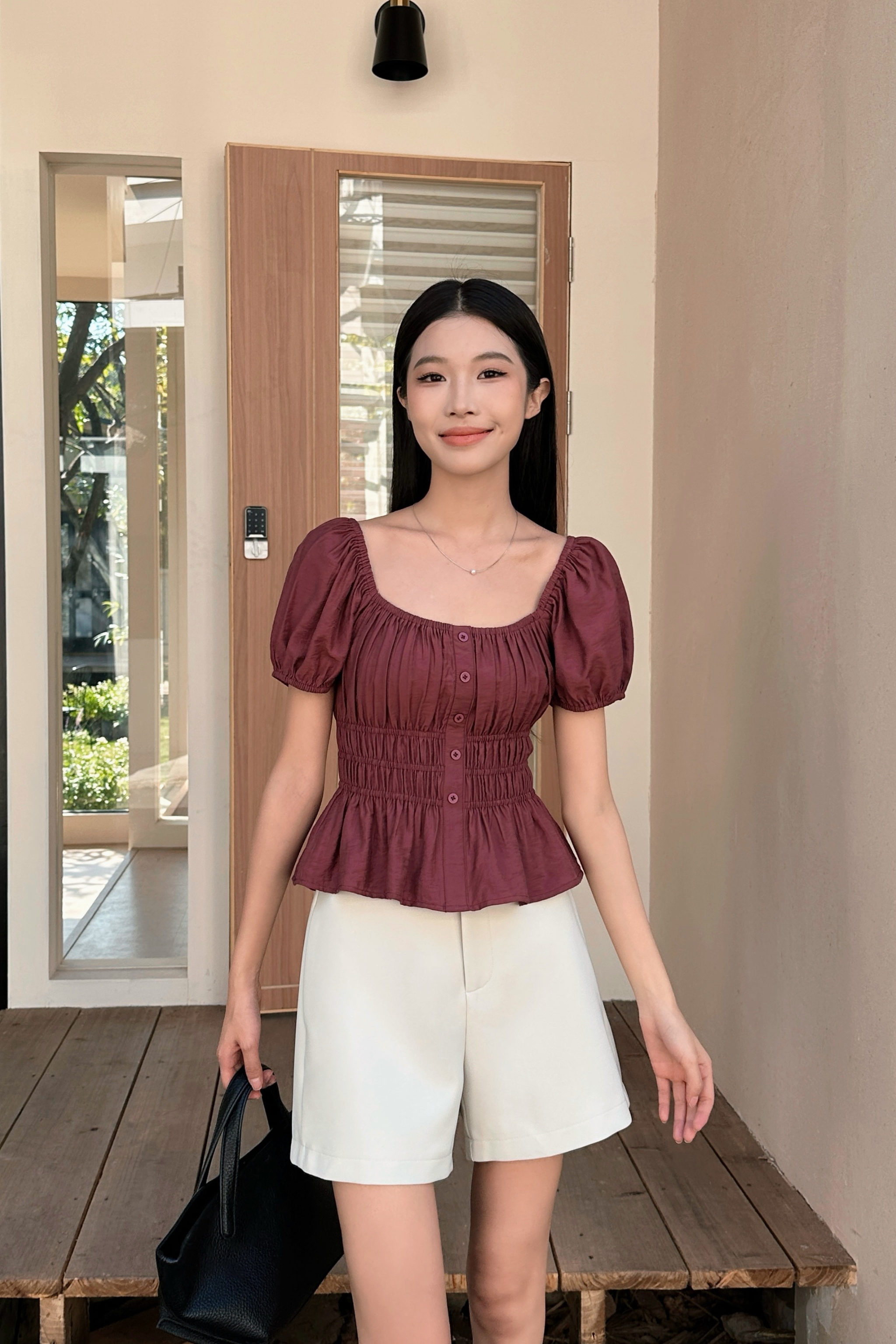 Cassis Shirred Waist Blouse Burgundy