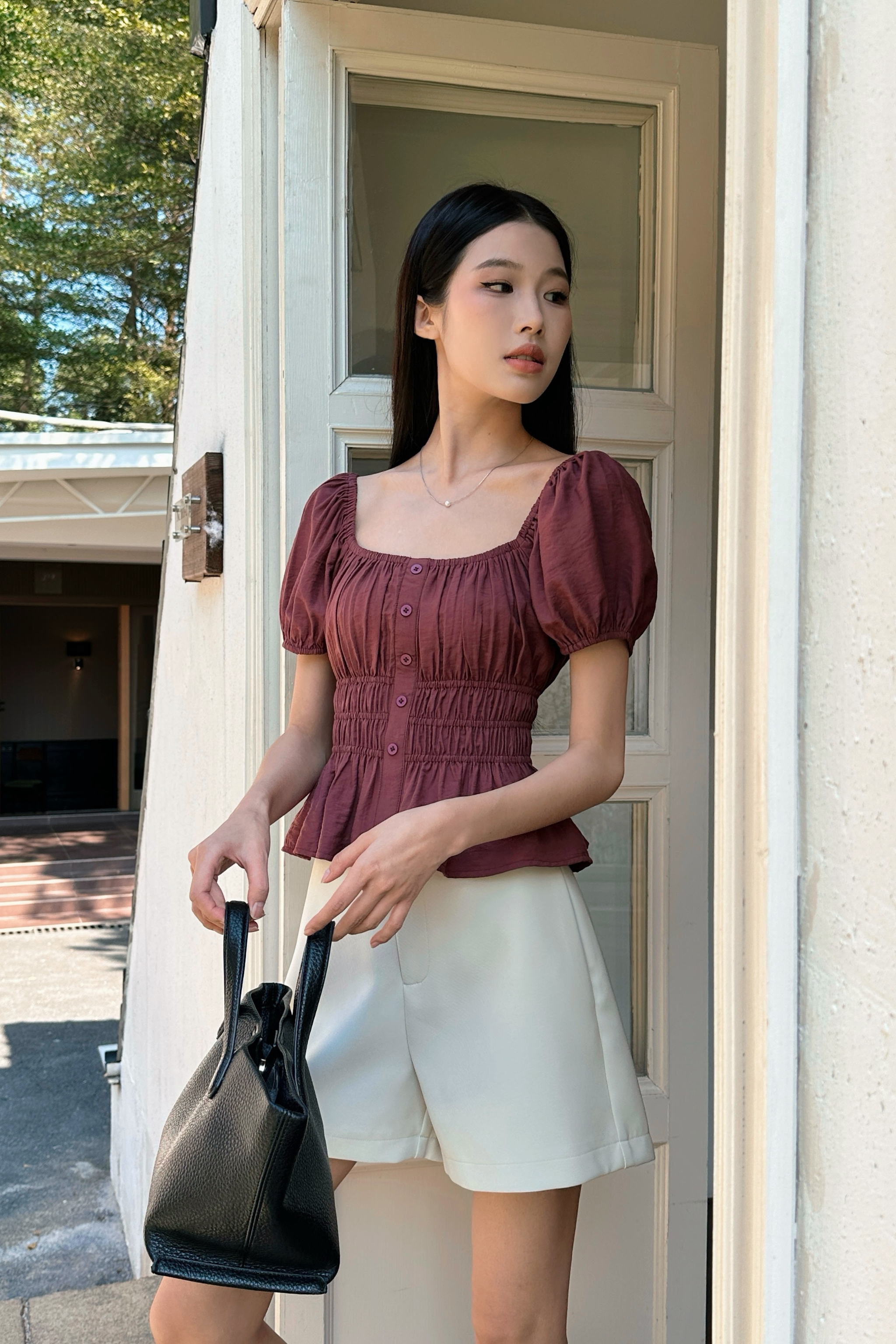 Cassis Shirred Waist Blouse Burgundy