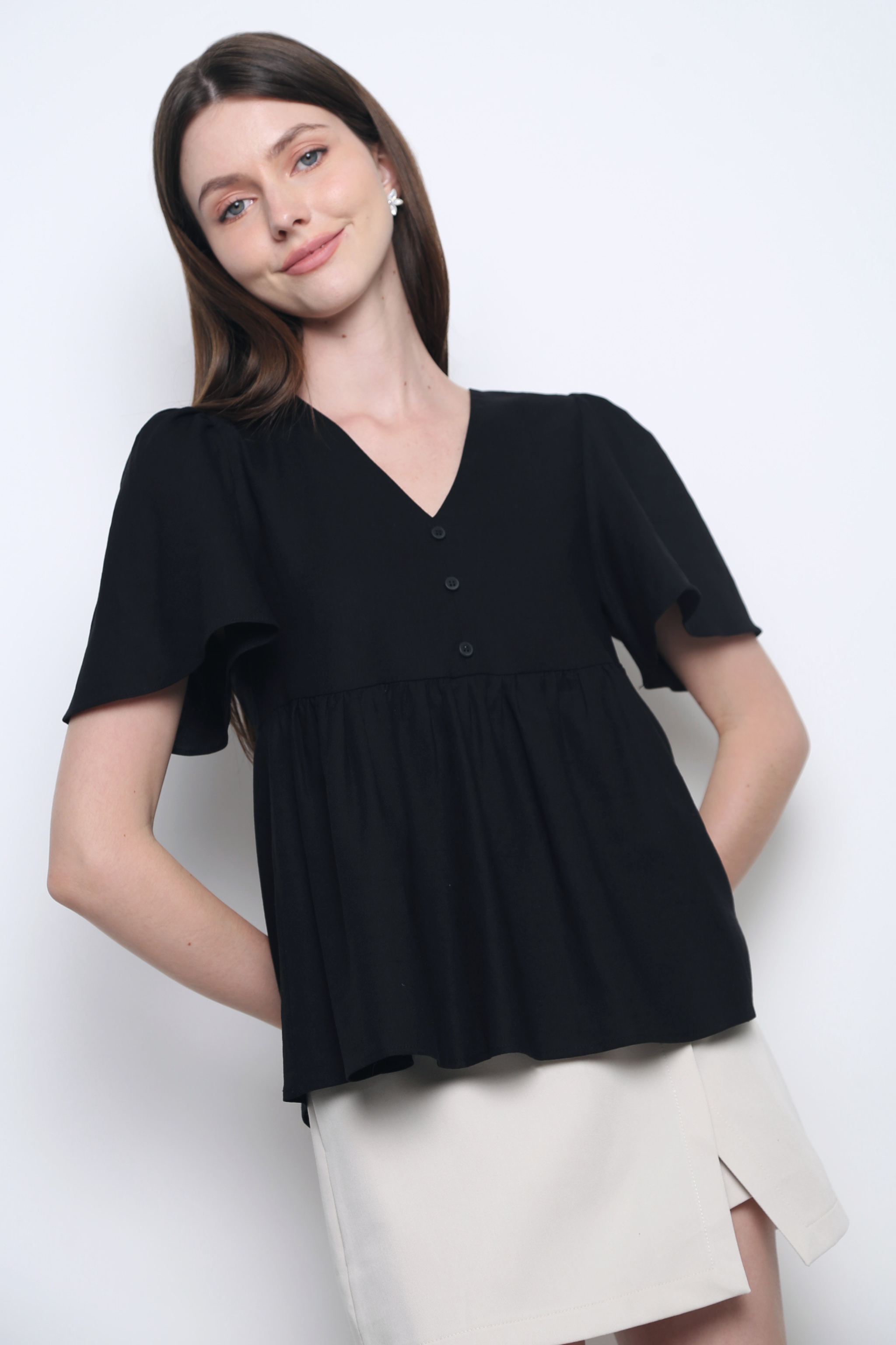 Charmie Flutter Sleeves Babydoll Top Black