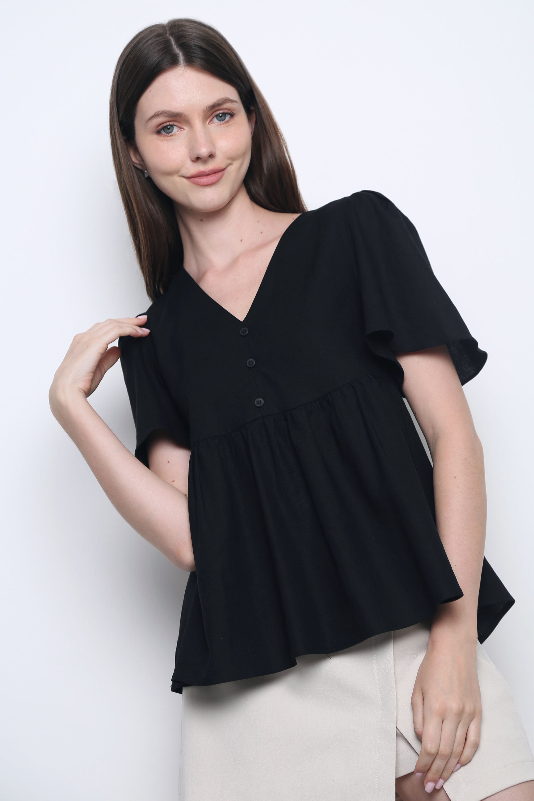 Charmie Flutter Sleeves Babydoll Top Black