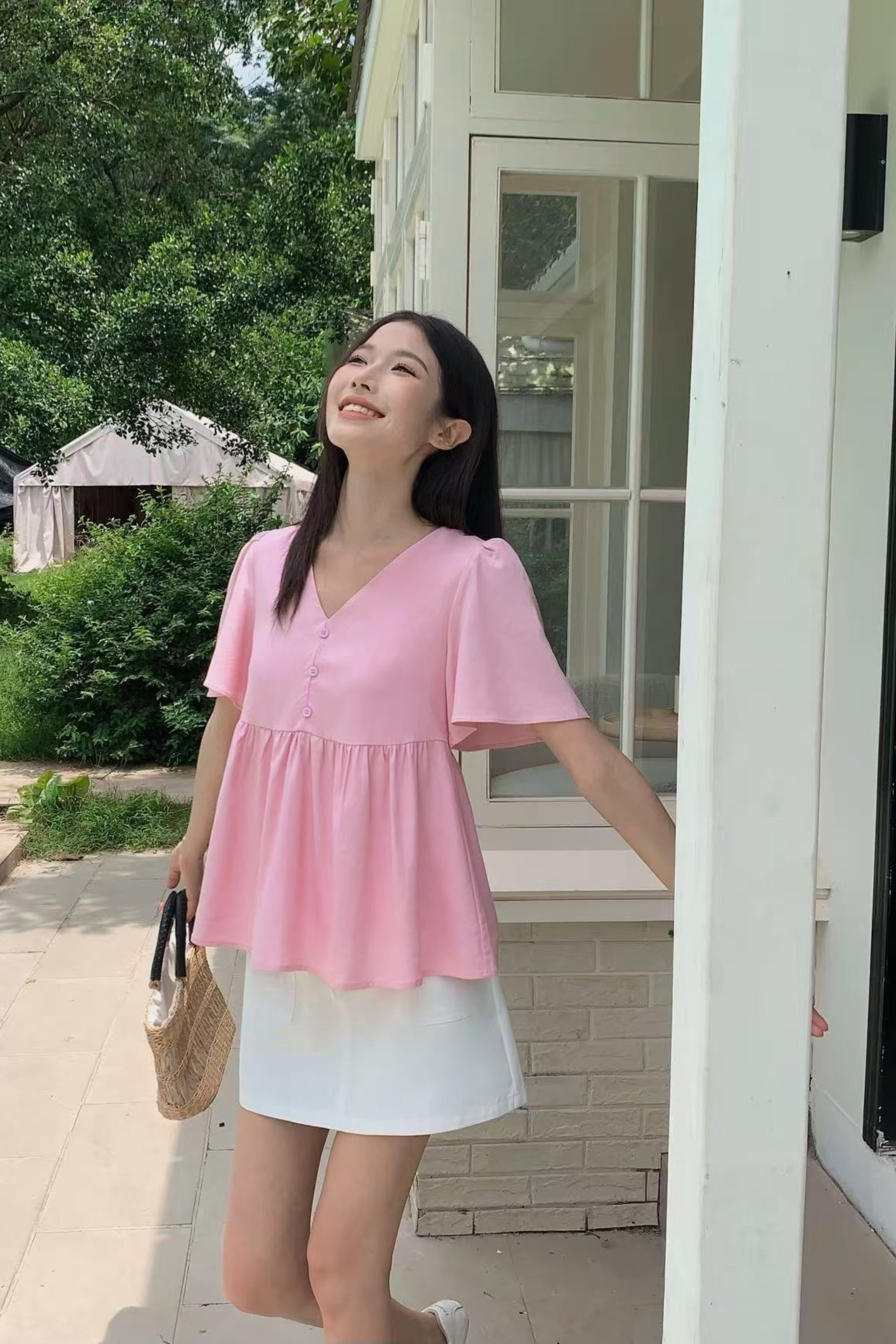 Charmie Flutter Sleeves Babydoll Top Cherry Blossom