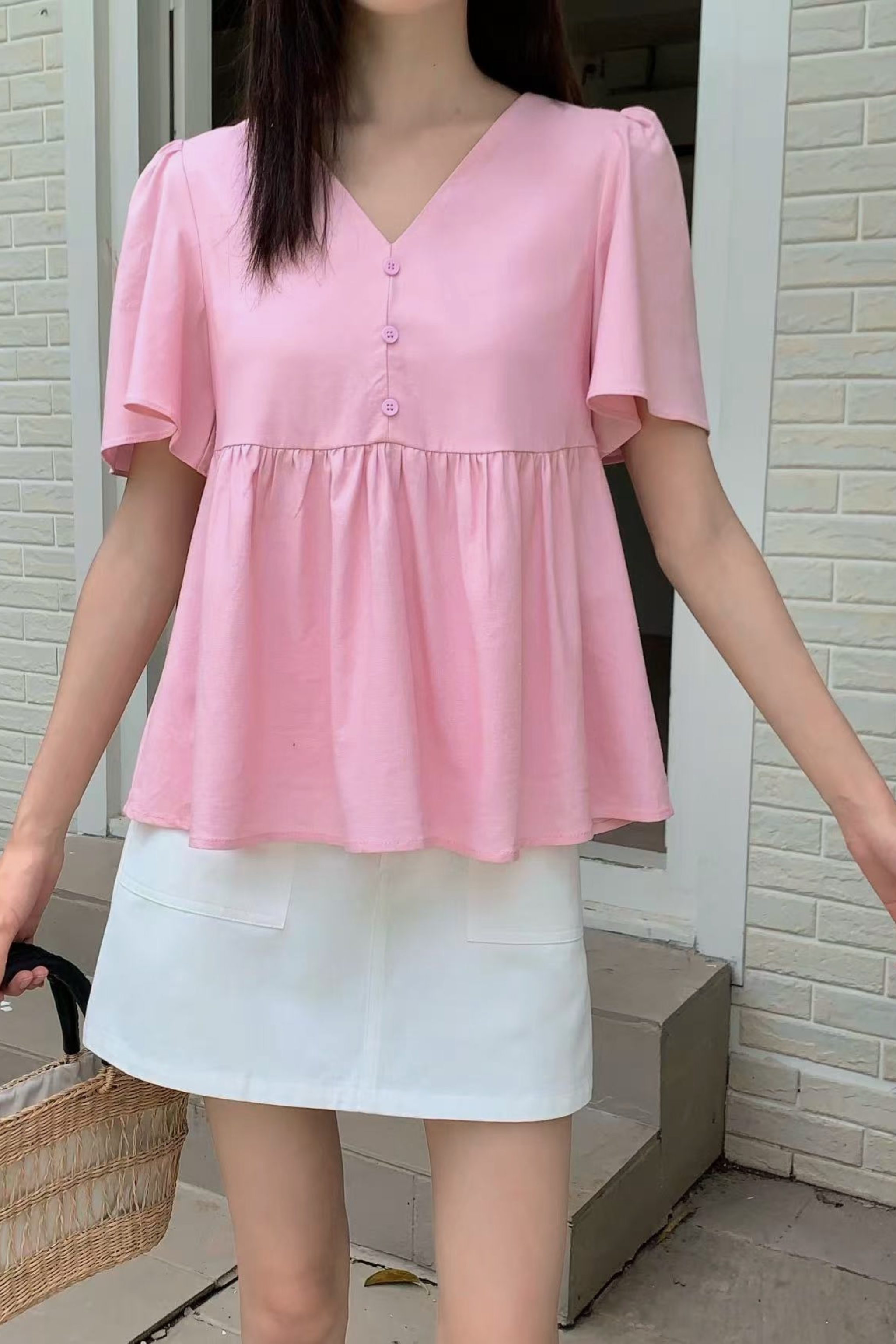 Charmie Flutter Sleeves Babydoll Top Cherry Blossom
