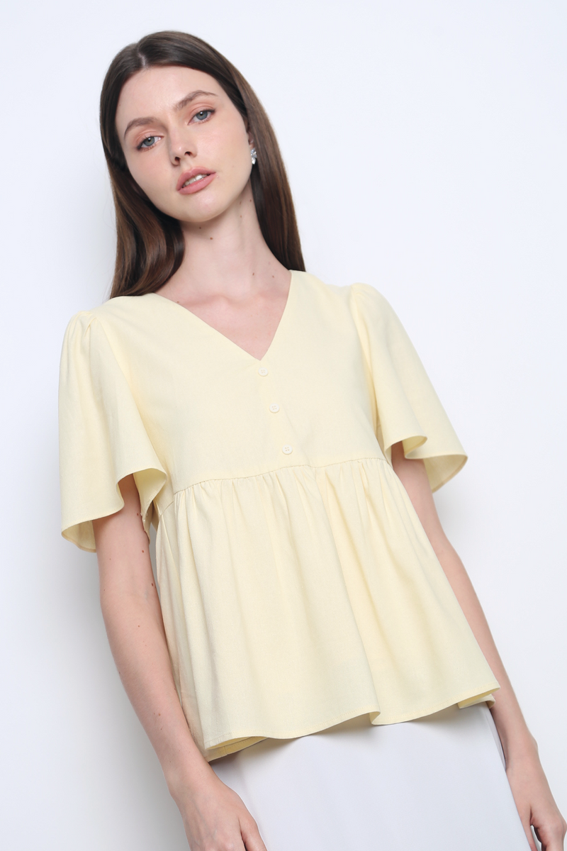 Charmie Flutter Sleeves Babydoll Top Vanilla Yellow