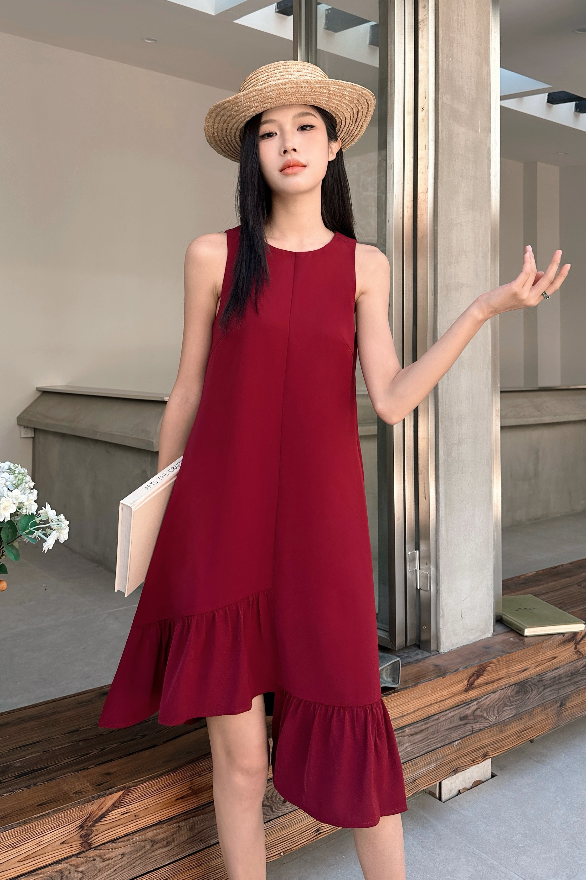 Chelsea High-Low Ruffles Dress Burgundy