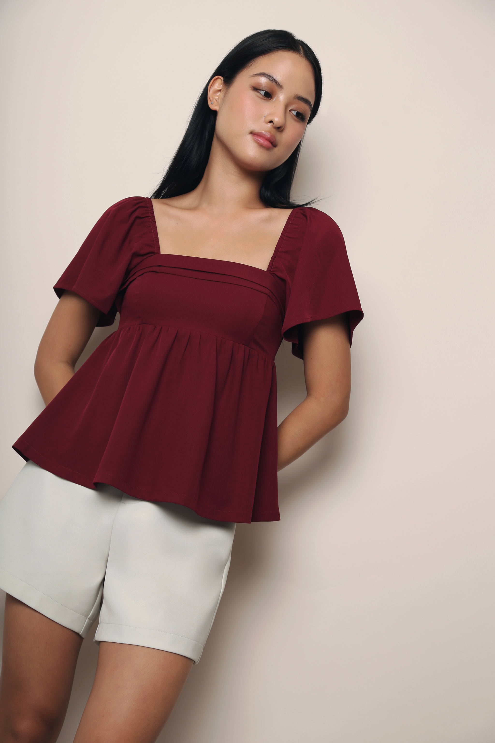 Coco Pleat Babydoll Top Burgundy