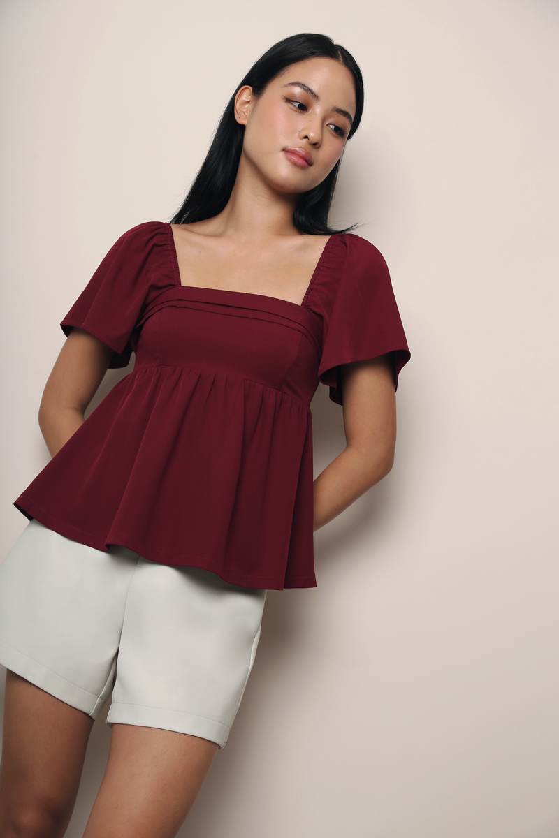 Coco Pleat Babydoll Top Burgundy