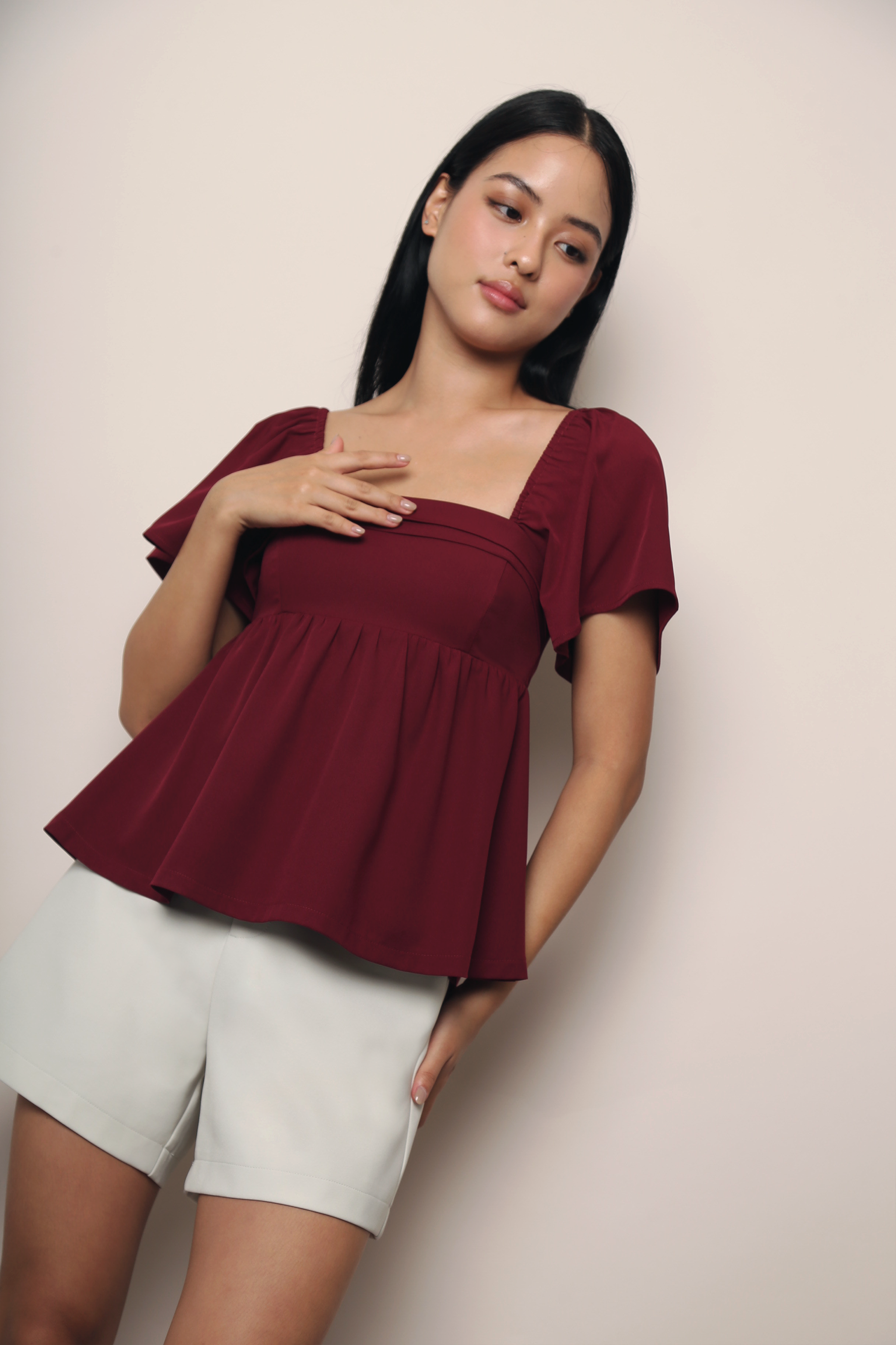 Coco Pleat Babydoll Top Burgundy