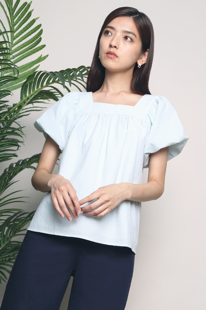 Debs Checkered Puff Sleeves Blouse Mint