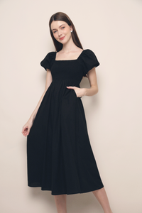 Dora Smocked Babydoll Midi Dress Black